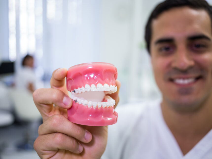 Portrait of dentist holding a set of dentures in the clinic